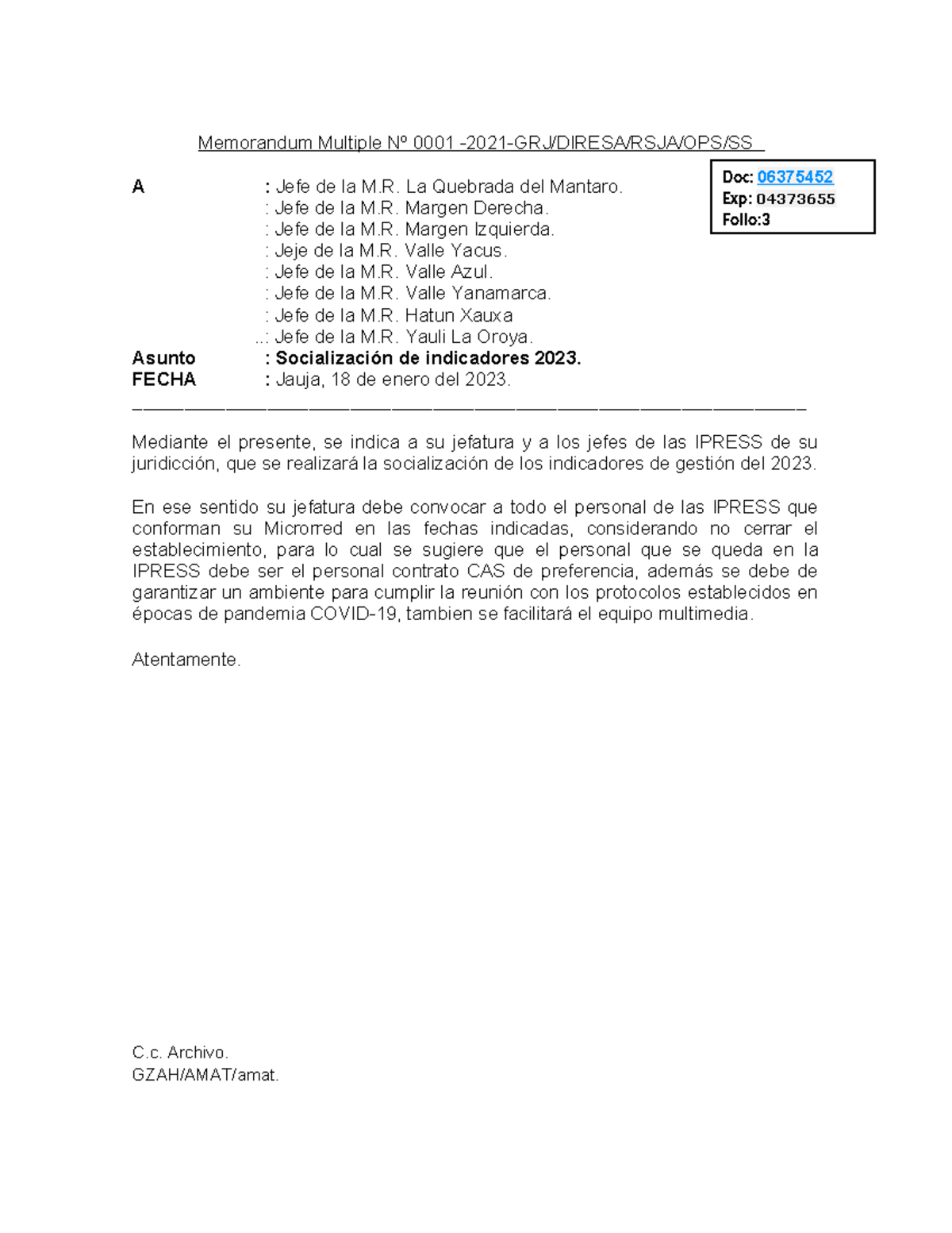 Memorandum socialización de indicadores) - Memorandum Multiple Nº 0001 ...