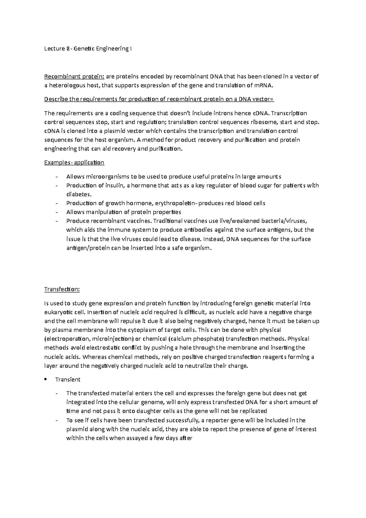 Genetic Engineering I - Notes summarised from lecture slides, reliable ...