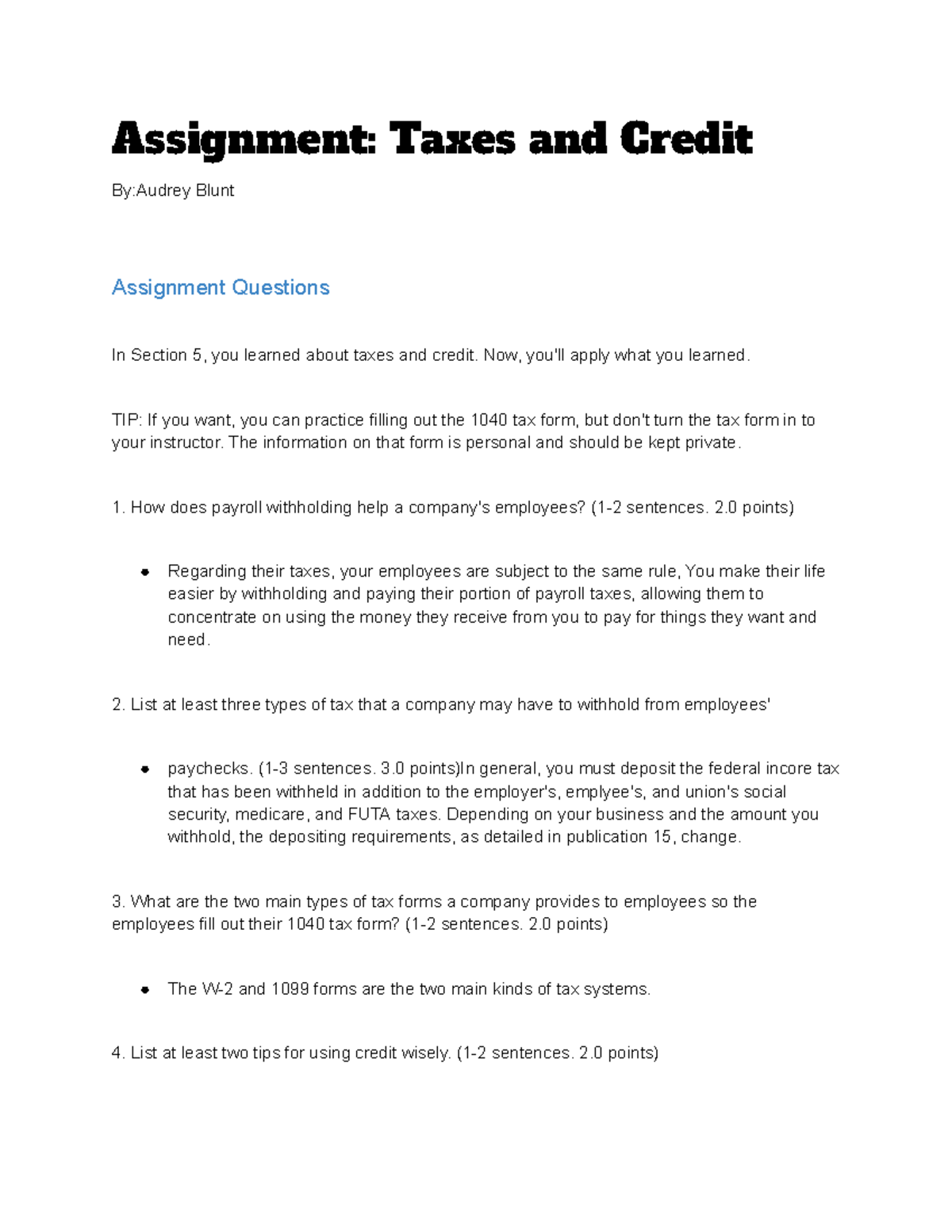 assignment 5 taxes and credit