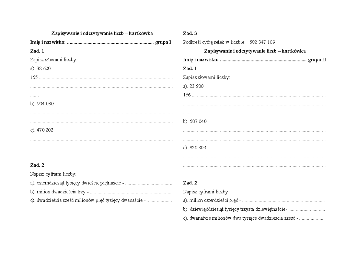 Wielocyf - nnn - Zapisywanie i odczytywanie liczb – kartkówka Imię i