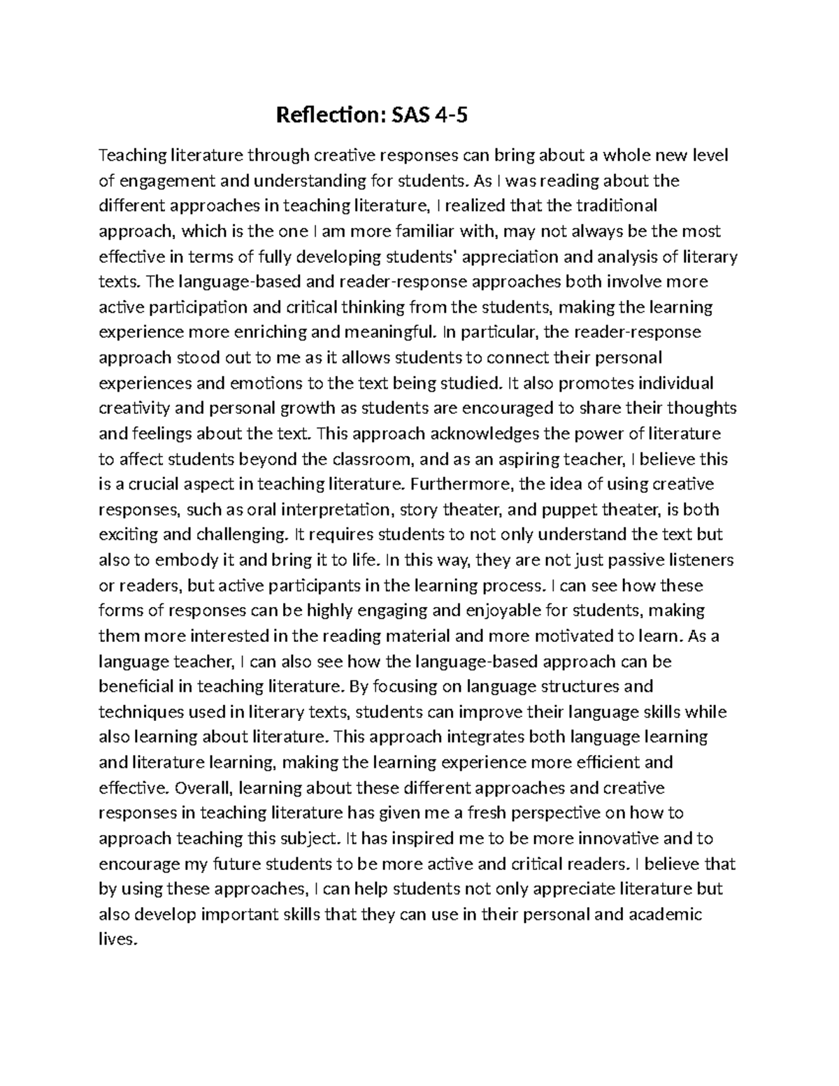 Reflection 4-5 - review - Reflection: SAS 4- Teaching literature ...