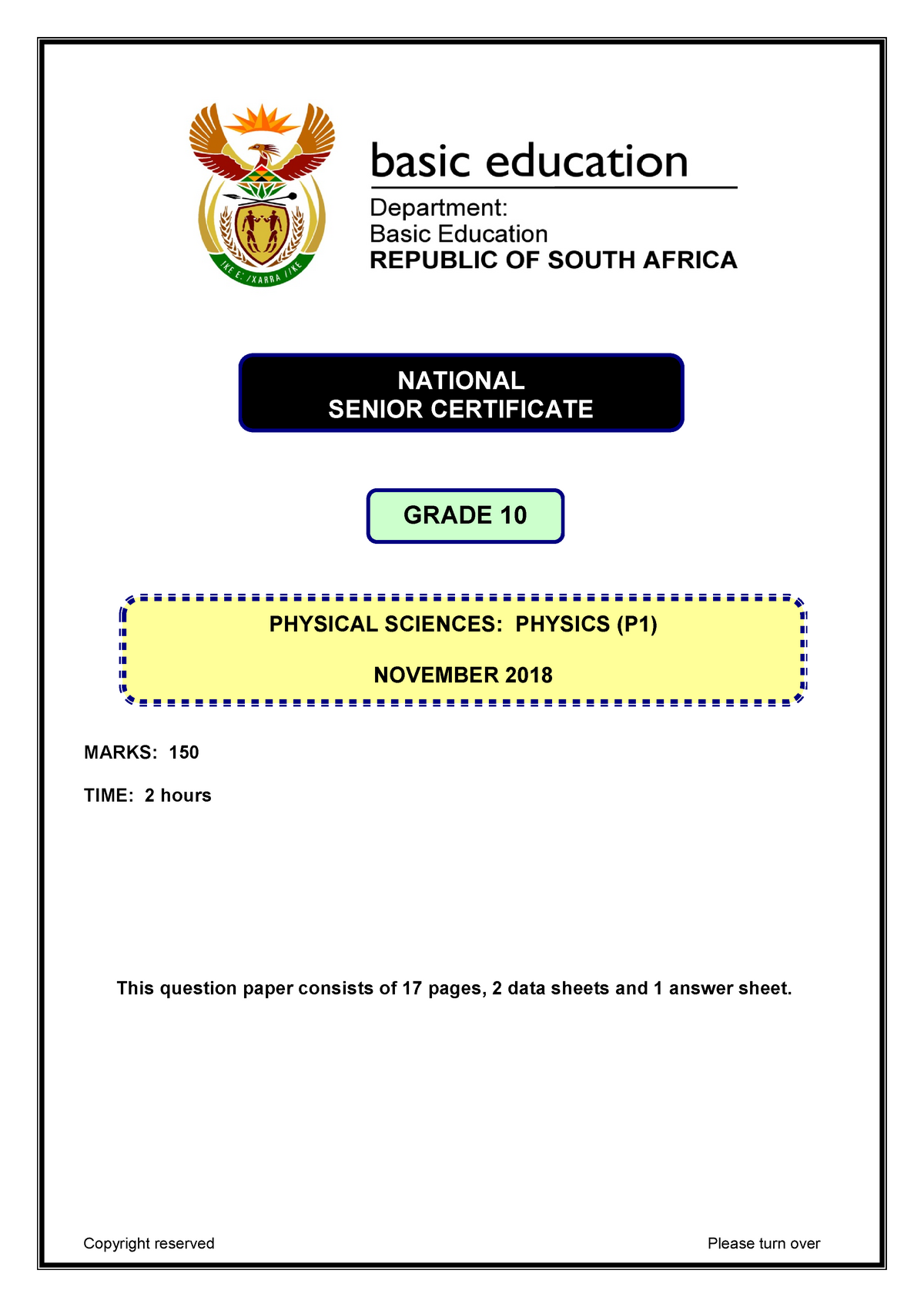 Physical Sciences P1 Grade 10 Nov 2018 Eng MARKS 150 TIME 2 Hours 