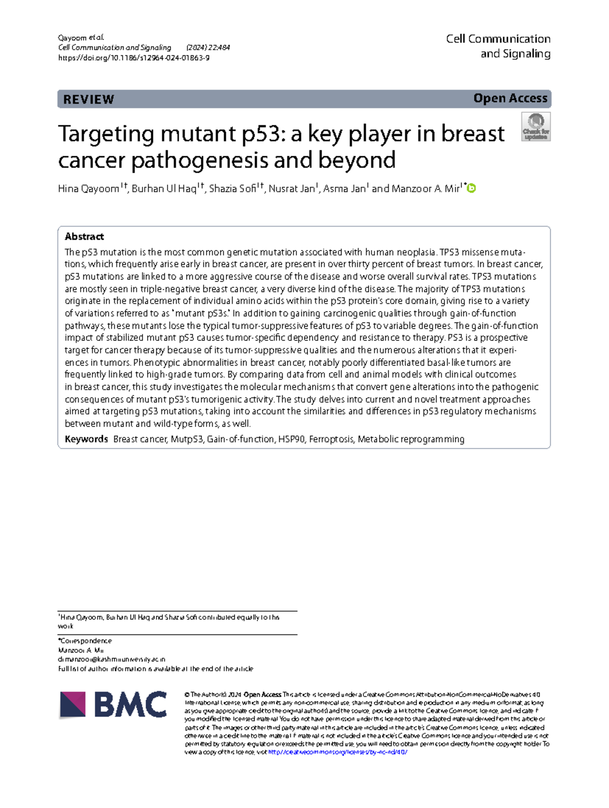Targeting mutant p53 - example essay - Qayoom et al. Cell Communication ...