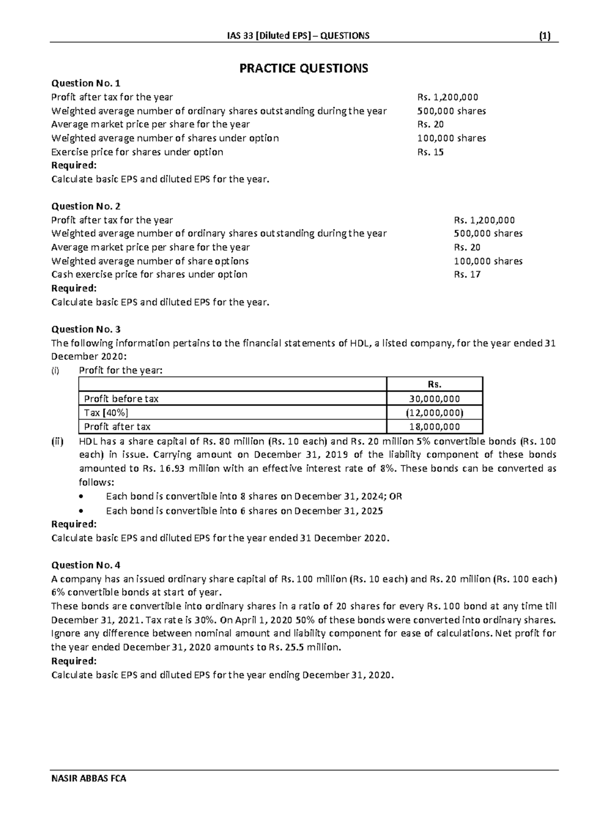 IAS 33 [Diluted EPS] Class practice [Questions] IAS 33 [Diluted EPS