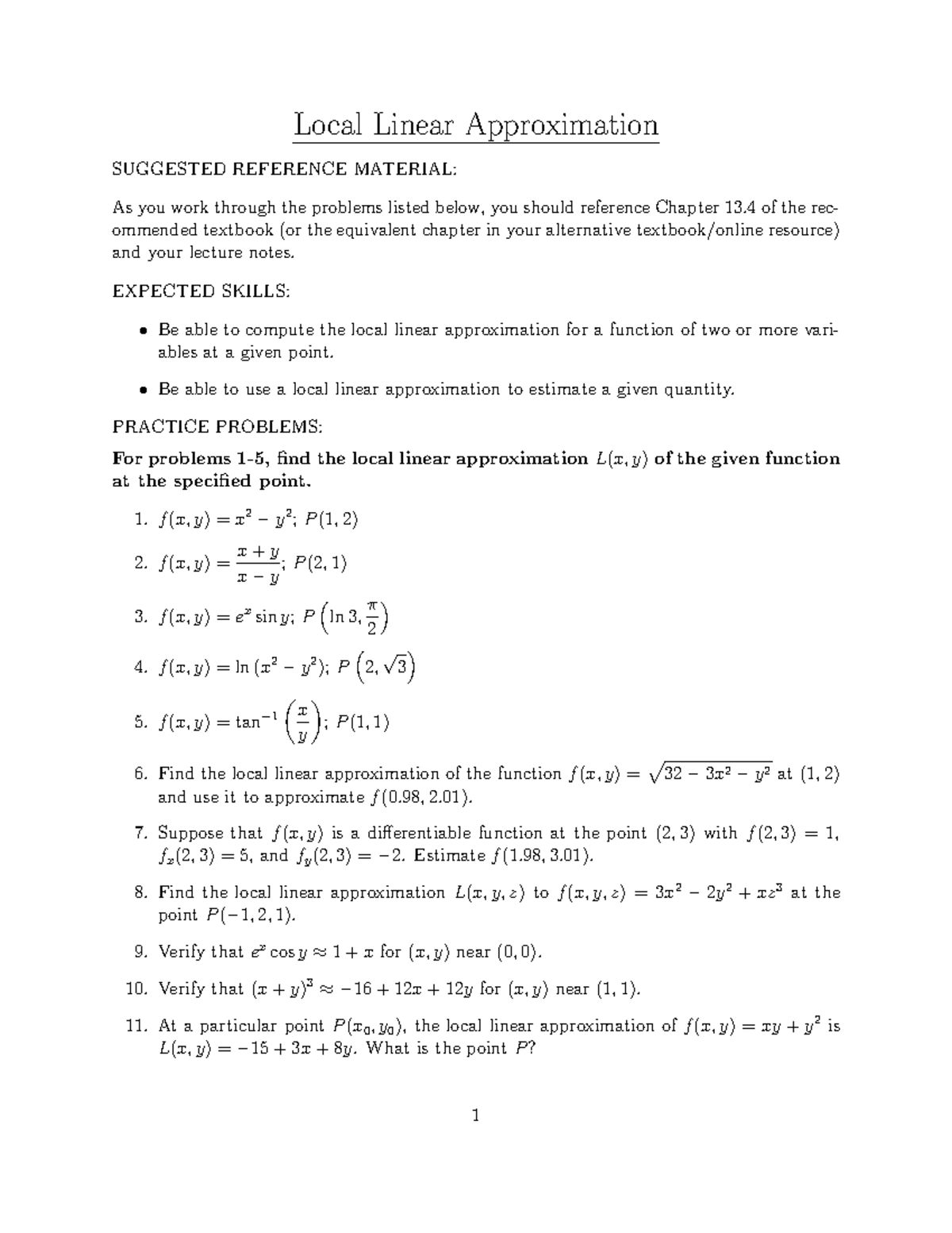 Homework 13 - Local Linear Approximation SUGGESTED REFERENCE MATERIAL ...