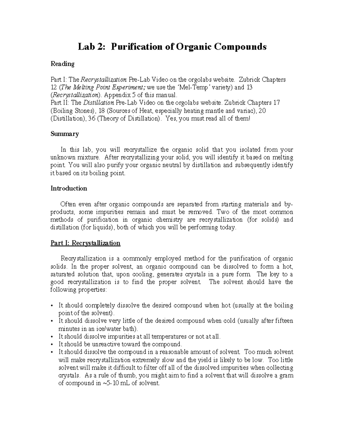 Lab 2 - test - Lab 2: Purification of Organic Compounds Reading Part I ...