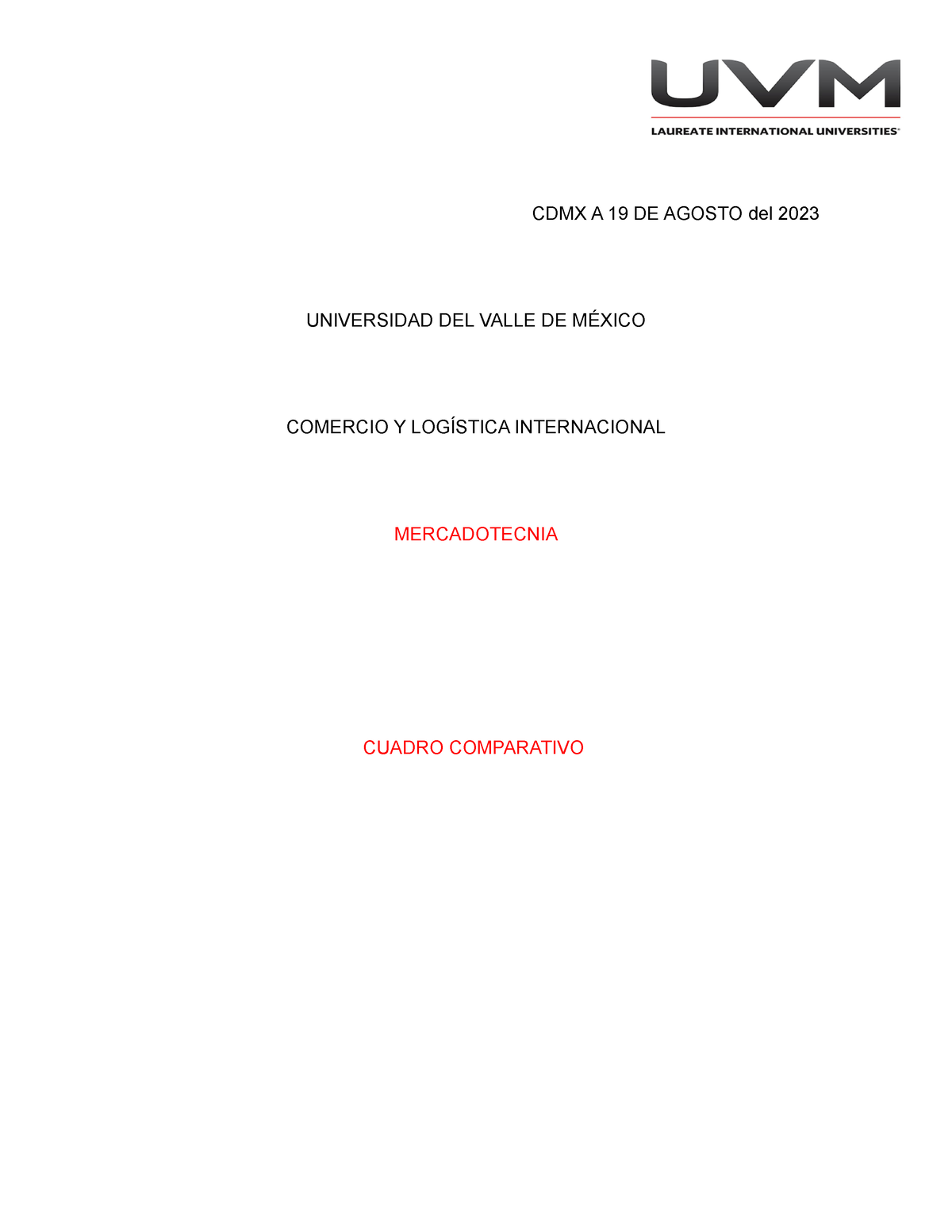 cuadro comparativo CDMX A 19 DE AGOSTO del 2023 UNIVERSIDAD DEL VALLE DE MÉXICO COMERCIO Y