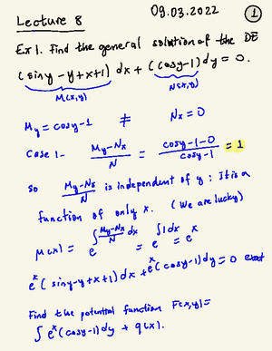 241 exercises 1 - MATH 241 EXERCISES 1 Q1: Find the general solution of ...