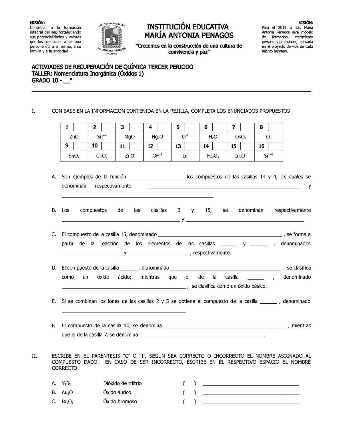 Recuperaci¢n-Qu¡mica-10§ - MISIÓN: Contribuir A La Formación Integral ...