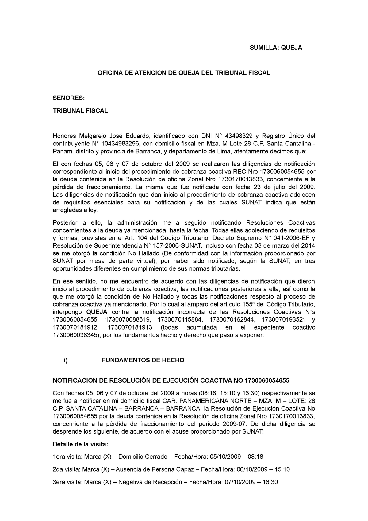 Recurso De Queja Ante El Tribunal Fiscal Sumilla Queja Oficina De Atencion De Queja Del