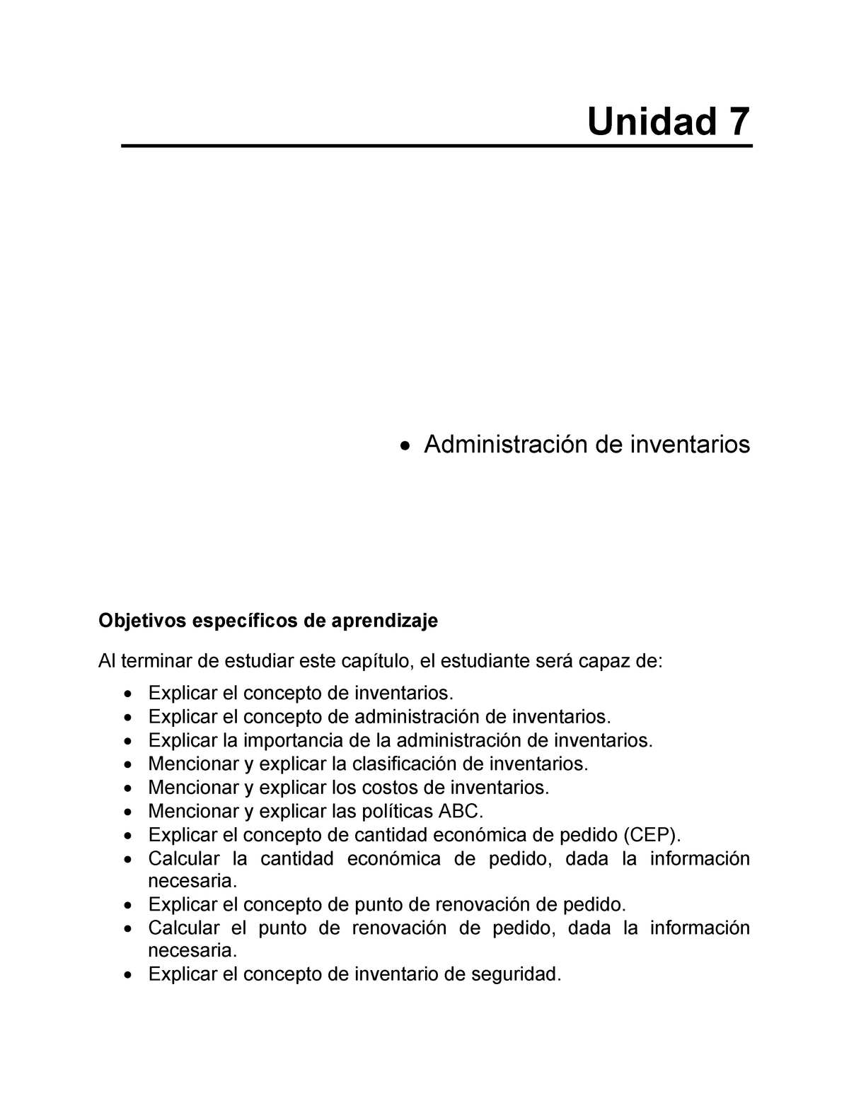 Control De Inventarios Unidad 7 Del Apunte Unidad 7 • Administración De Inventarios Objetivos 8936