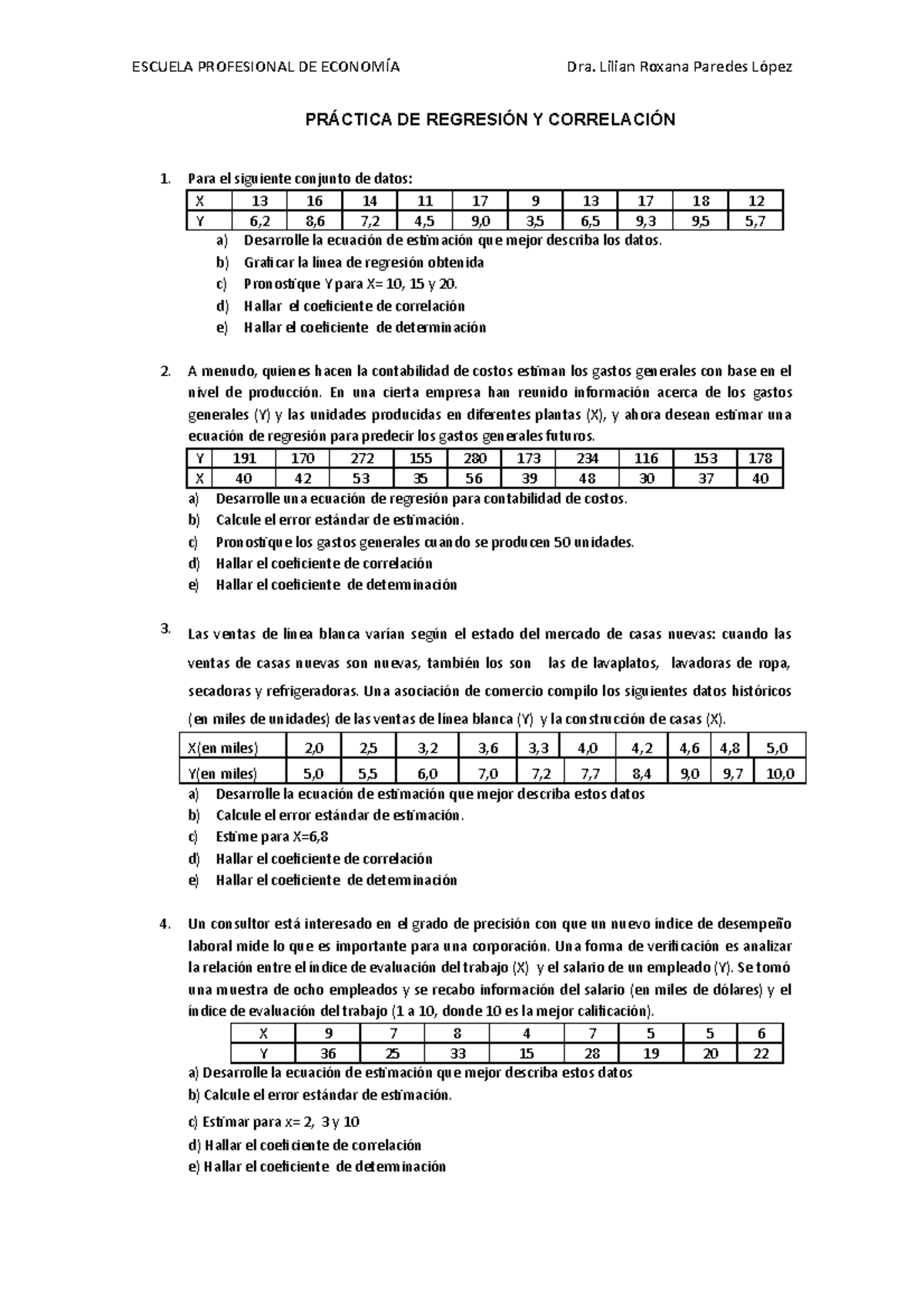 Práctica De Regresión Y Correlación - ESCUELA PROFESIONAL DE ECONOMÍA ...