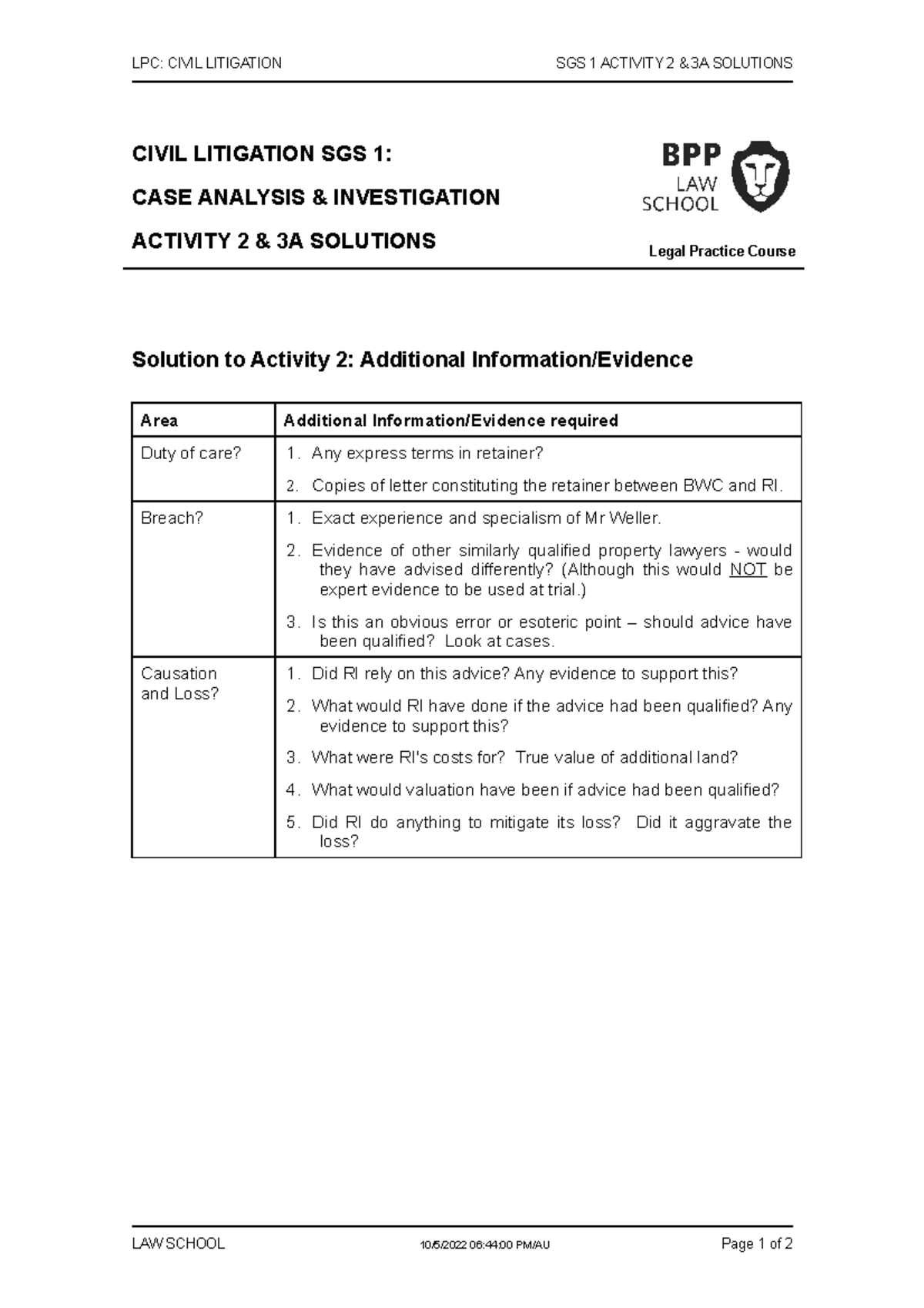 Civil Litigation SGS 1 Activity 2 and Activity 3A solution - LPC: CIVIL ...
