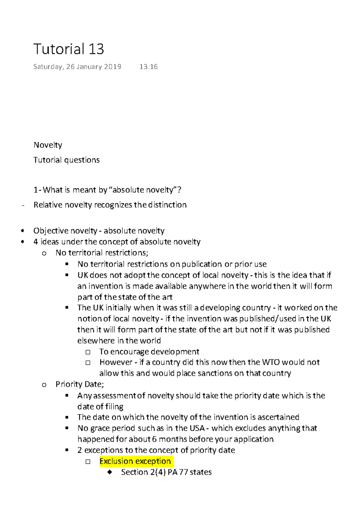 IP Tutorial 13 Novelty Novelty Tutorial questions 1 What is meant by “absolute novelty