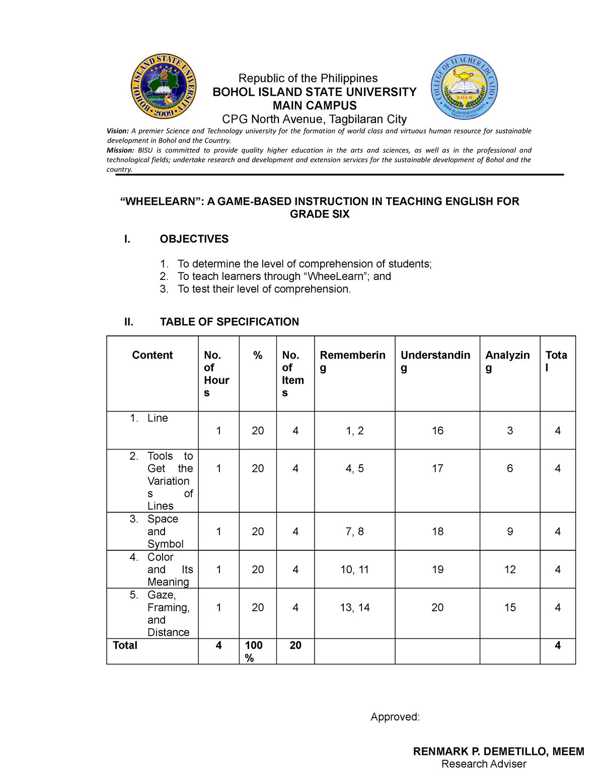 Table Of Specification - Republic Of The Philippines BOHOL ISLAND STATE ...