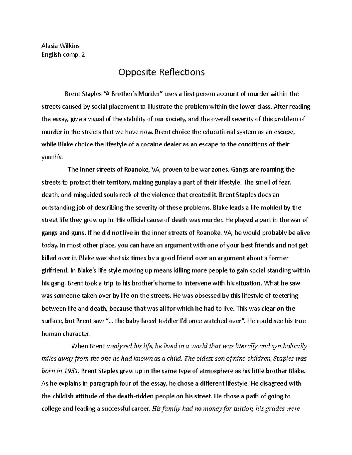 Essasy one- brothers murder - Alasia Wilkins English comp. 2 Opposite ...