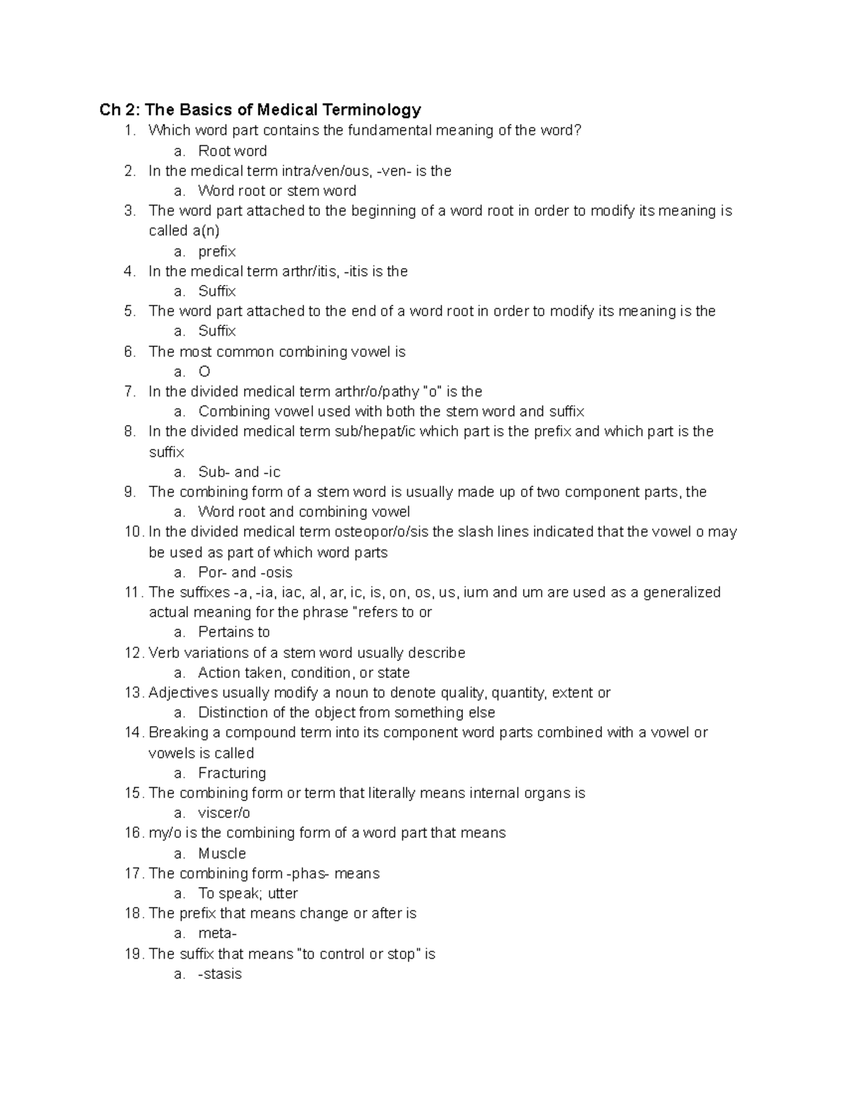 Med Term Self Tests - study guide - Ch 2: The Basics of Medical ...