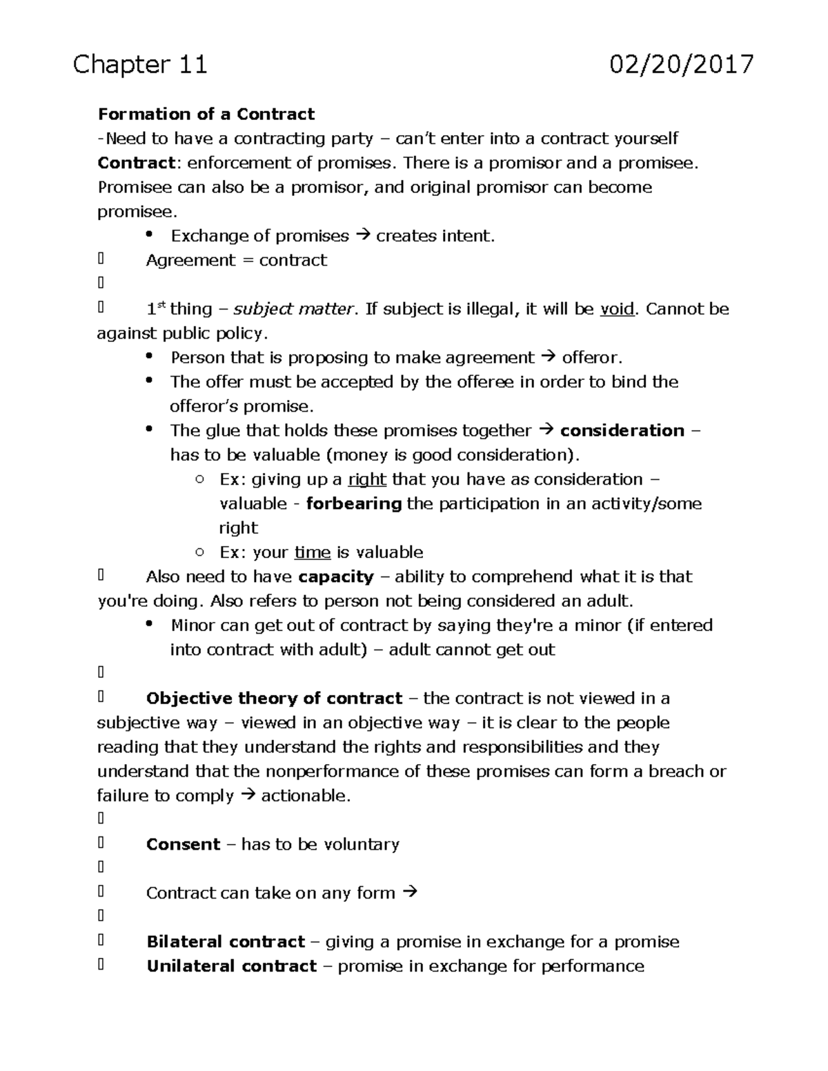 Chapter 11 - Lecture Notes 11 - Chapter 11 Formation Of A Contract To ...