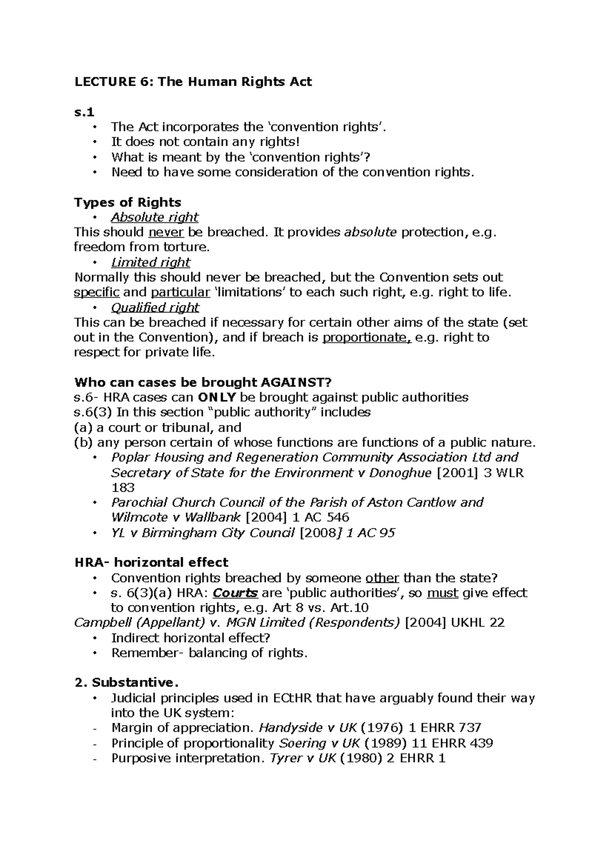 law lecture notes 2 - LECTURE 6: The Human Rights Act s. - The Act ...