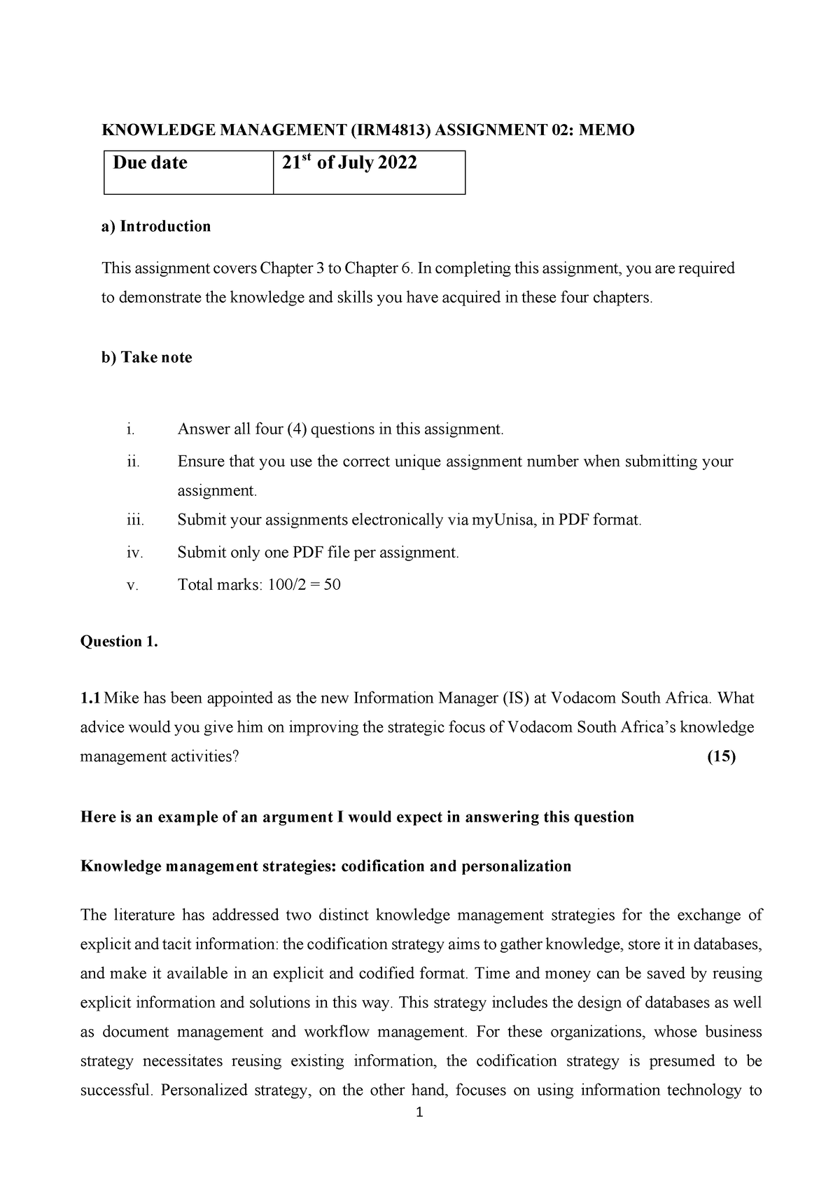 Assignment 2 Memorandum - Knowledge Management (irm4813) Assignment 02 