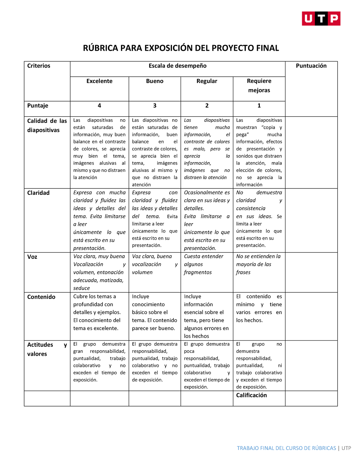 Rubrica Para La Exposición Del Proyecto Final - TRABAJO FINAL DEL CURSO ...