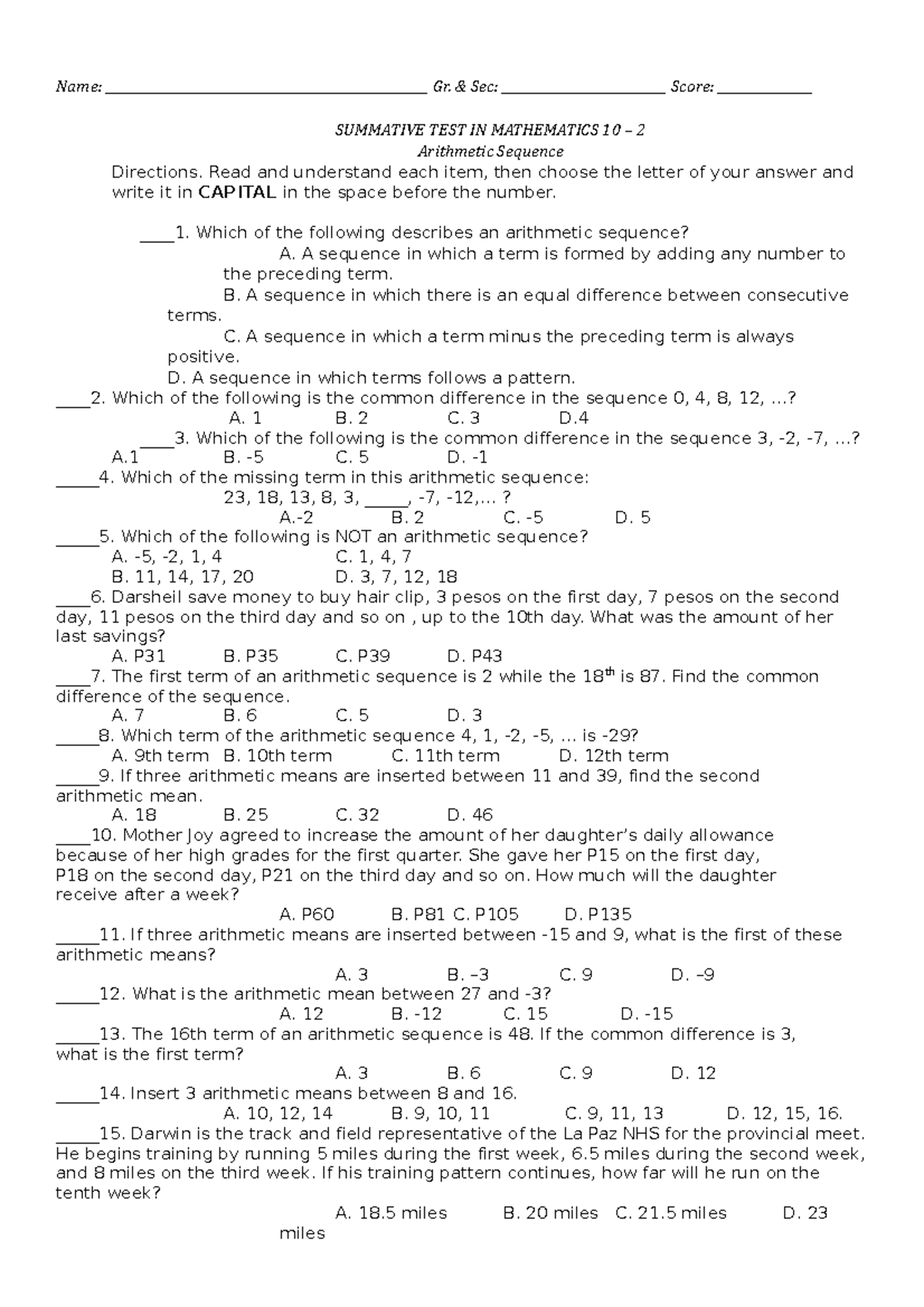 Arithmetic sequence - Summative Test - Name