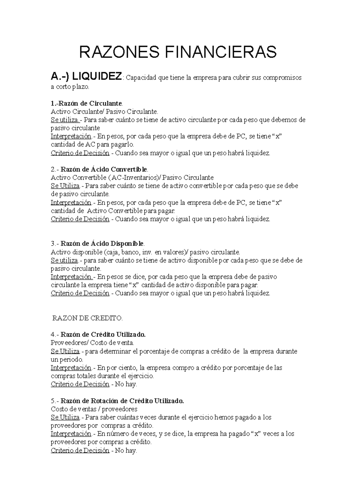 2.1..- Razones Financieras 33 - RAZONES FINANCIERAS A.-) LIQUIDEZ ...