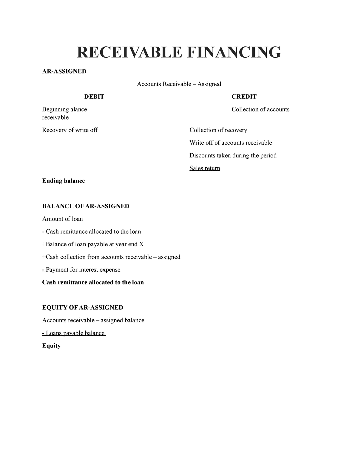 Receivable Financing - RECEIVABLE FINANCING AR-ASSIGNED Accounts ...