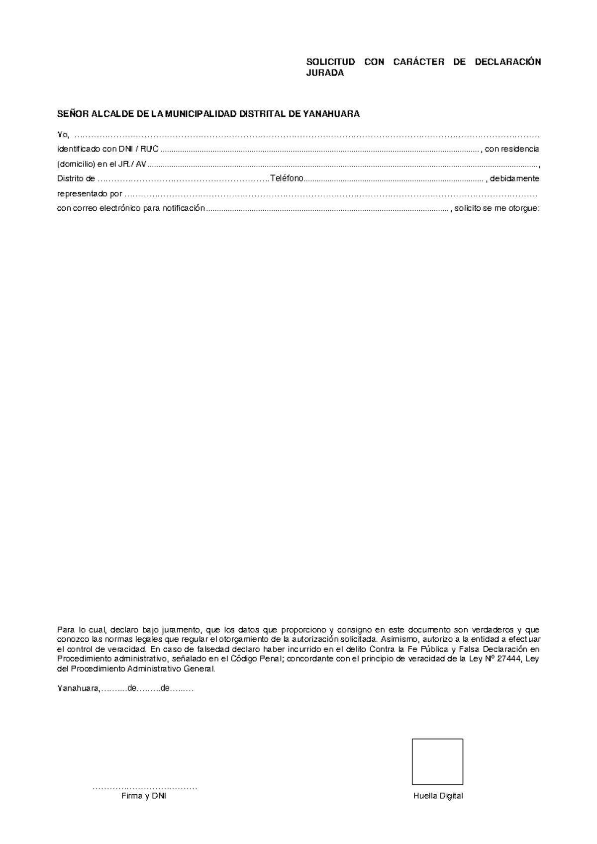 Formato De Solicitud Con Caracter De Declaracion Jurada Solicitud Con CarÁcter De DeclaraciÓn 2956