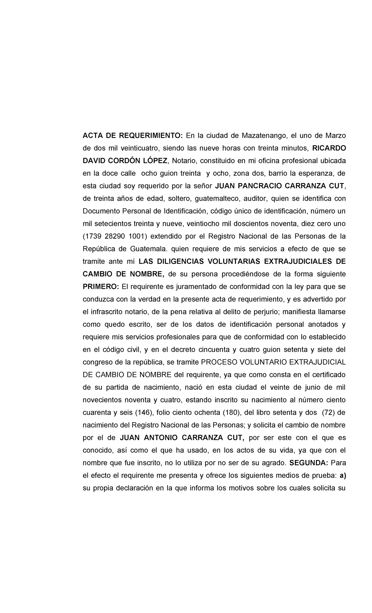 Cambio De Nombre Examen Acta De Requerimiento En La Ciudad De