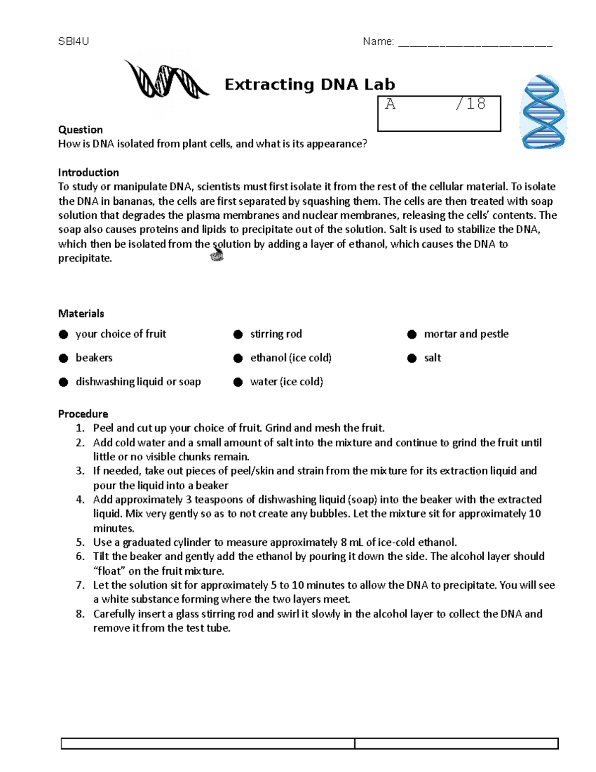 Copy of DNA Lab Banana Updated Extracting DNA Lab Question How is