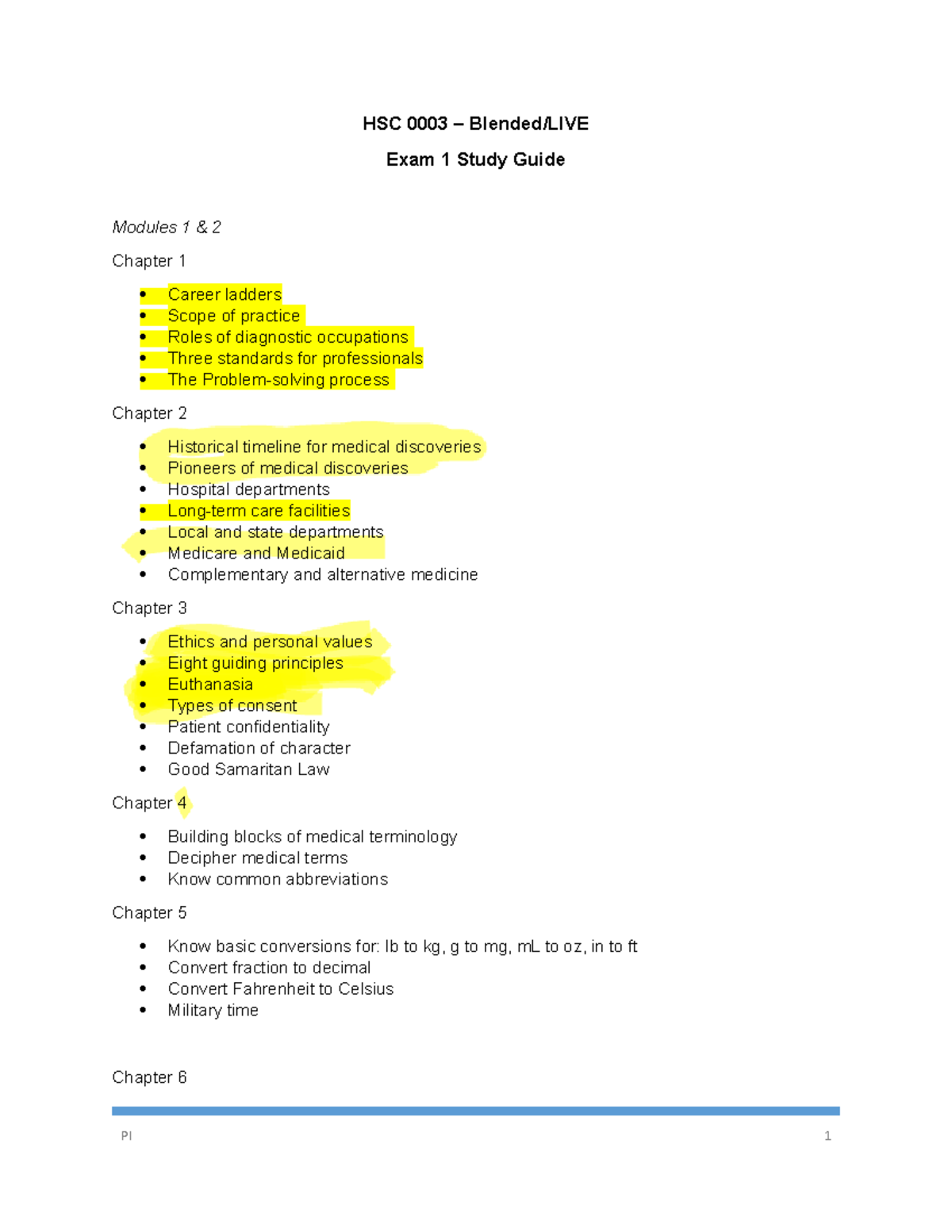 Test 1 Study Guide-5 - Test Prep - HSC 0003 – Blended/LIVE Exam 1 Study ...