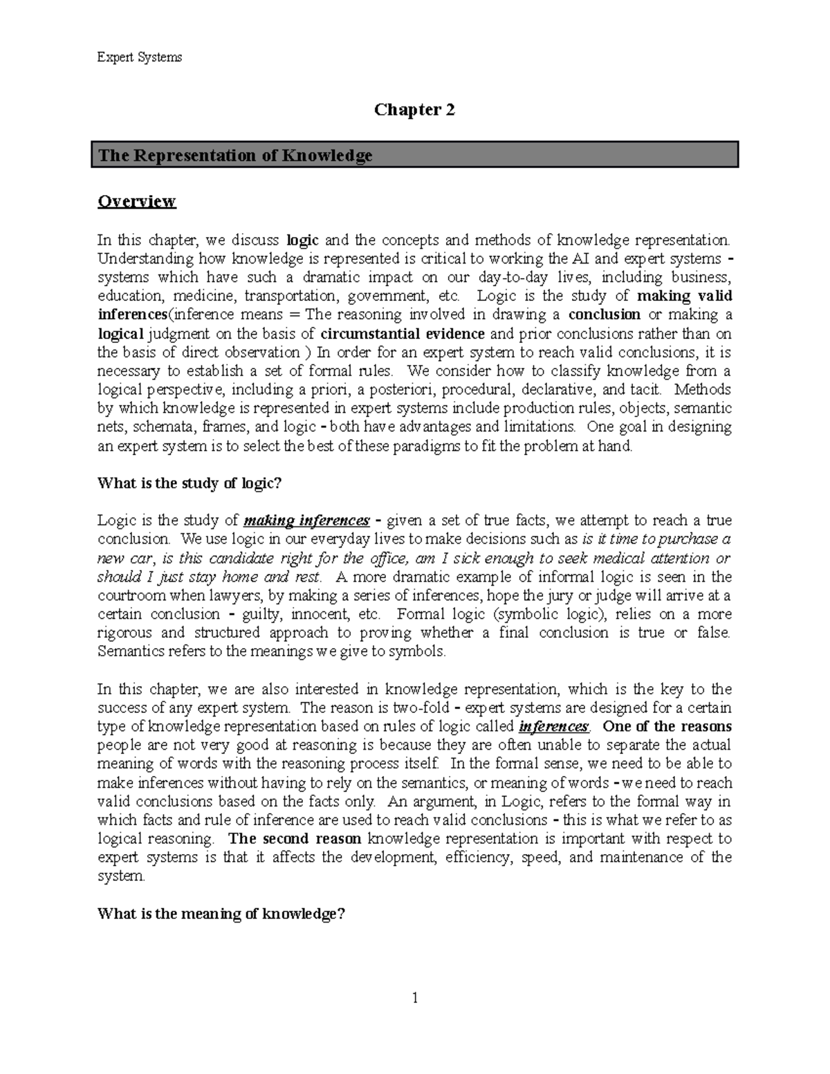 2 and 3 Review of KR, R, Un - Chapter 2 The Representation of Knowledge ...