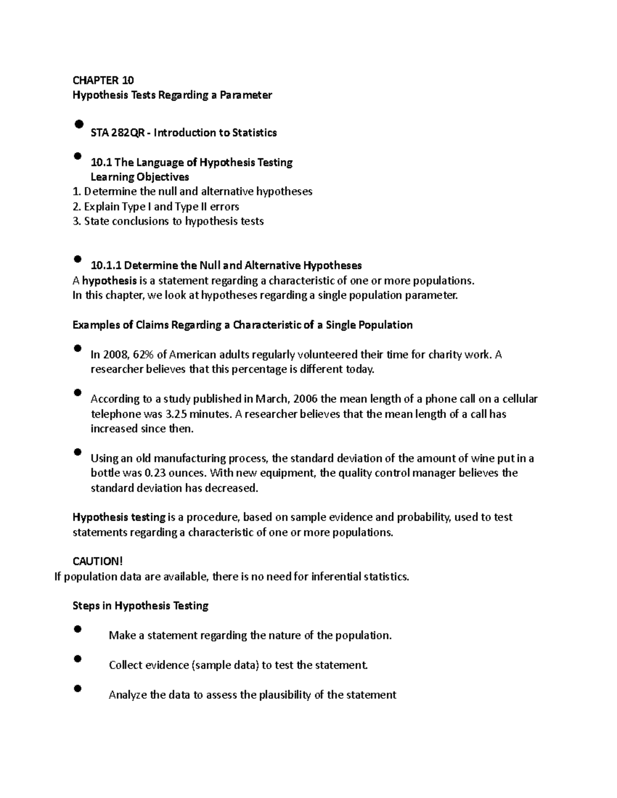 Stats 282 ch 10 Hypothesis Tests Regarding a Parameter - CHAPTER 10 ...