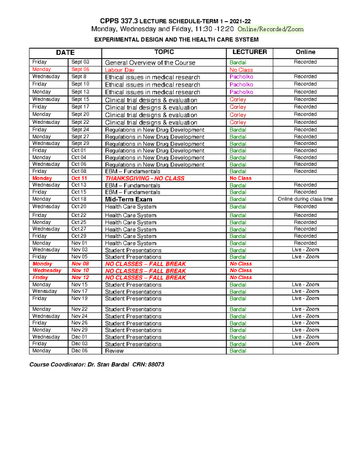 CPPS 337 schedule 2021 for projects - CPPS 337 LECTURE SCHEDULE-TERM 1