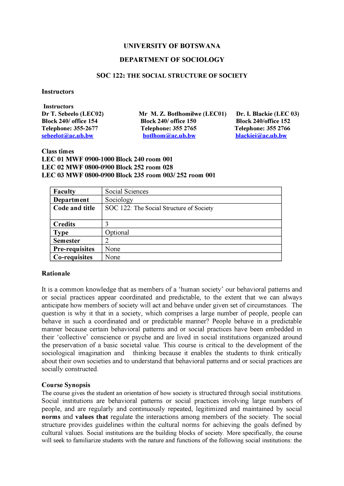 SOC 122 Course Outline 2023 - UNIVERSITY OF BOTSWANA DEPARTMENT OF ...