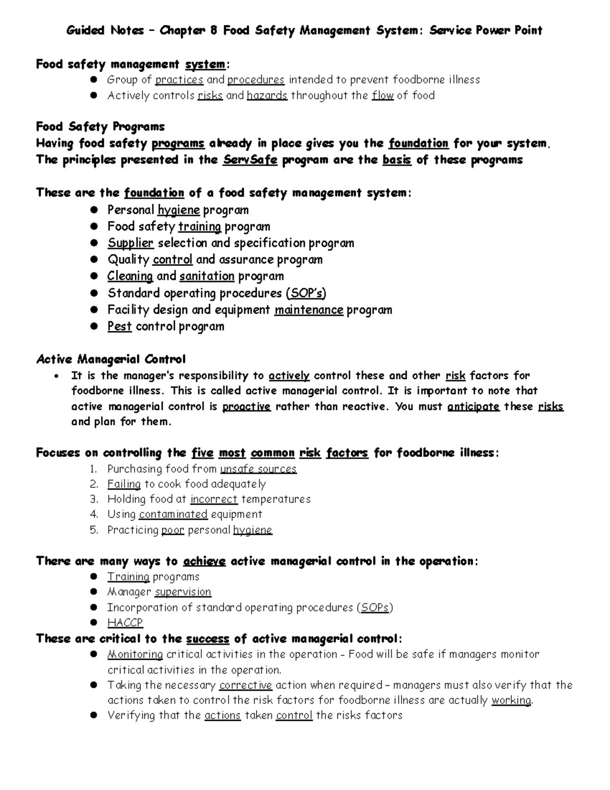 Guided Notes Chapter 8 Food Safety Management Systems Answer Key 