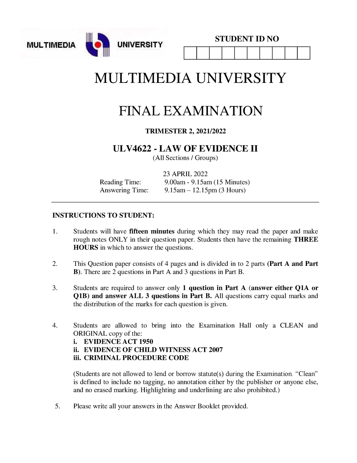 Evidence - 2022 - Past Year - Law Of Evidence II - MMU - Studocu