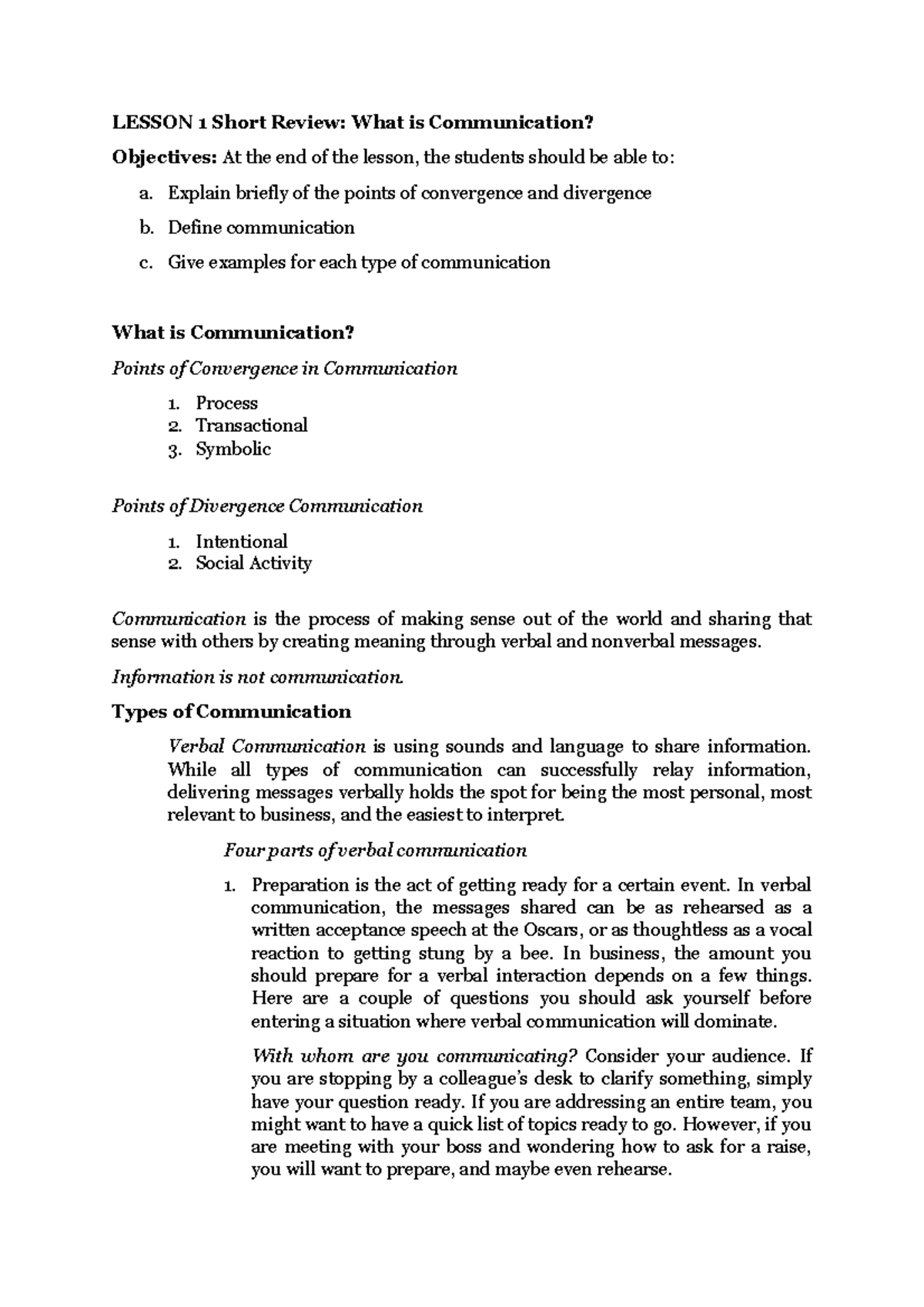 Lesson 1 Review The Concept of Communication - LESSON 1 Short Review ...