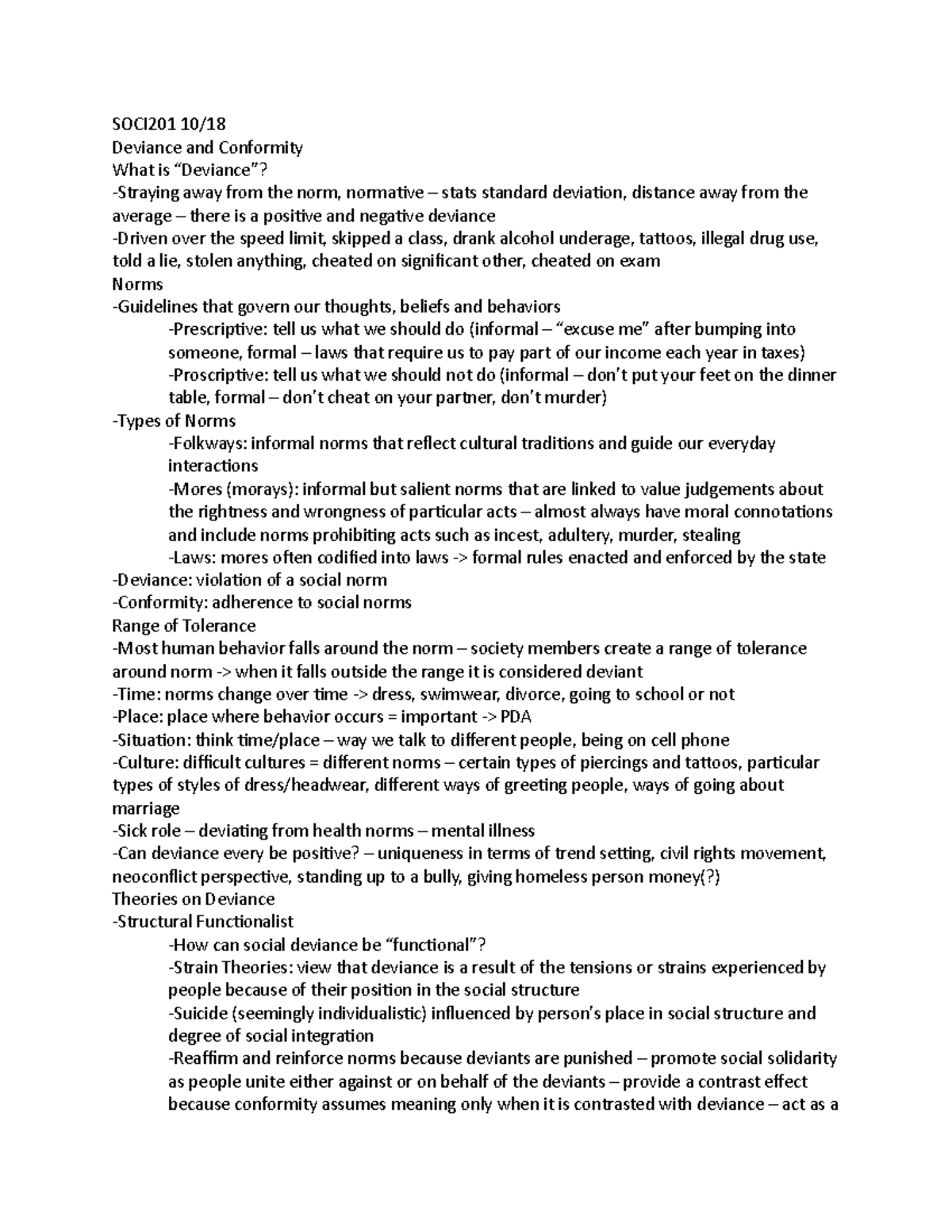 SOCI201 10 - SOCI201 10/ Deviance and Conformity What is “Deviance ...