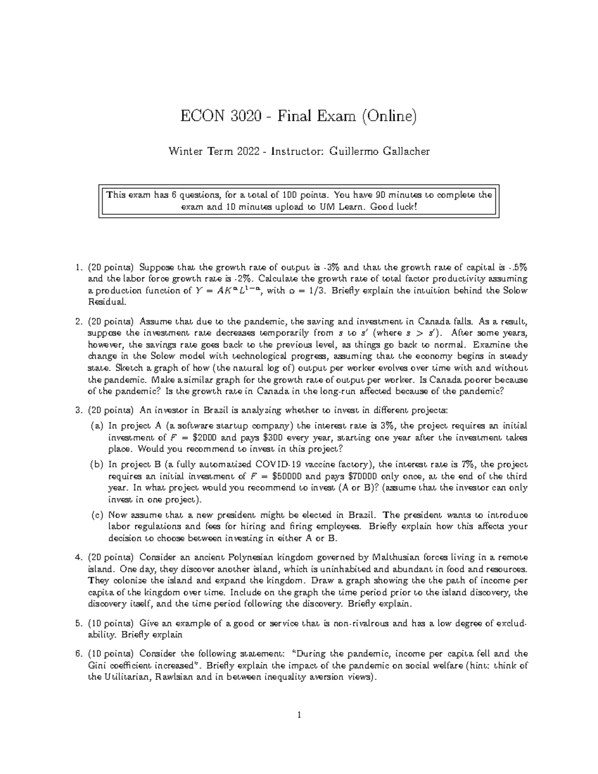 Final Exam ECON 3020 Winter Term 2022 - ECON 3020 - Final Exam (Online ...