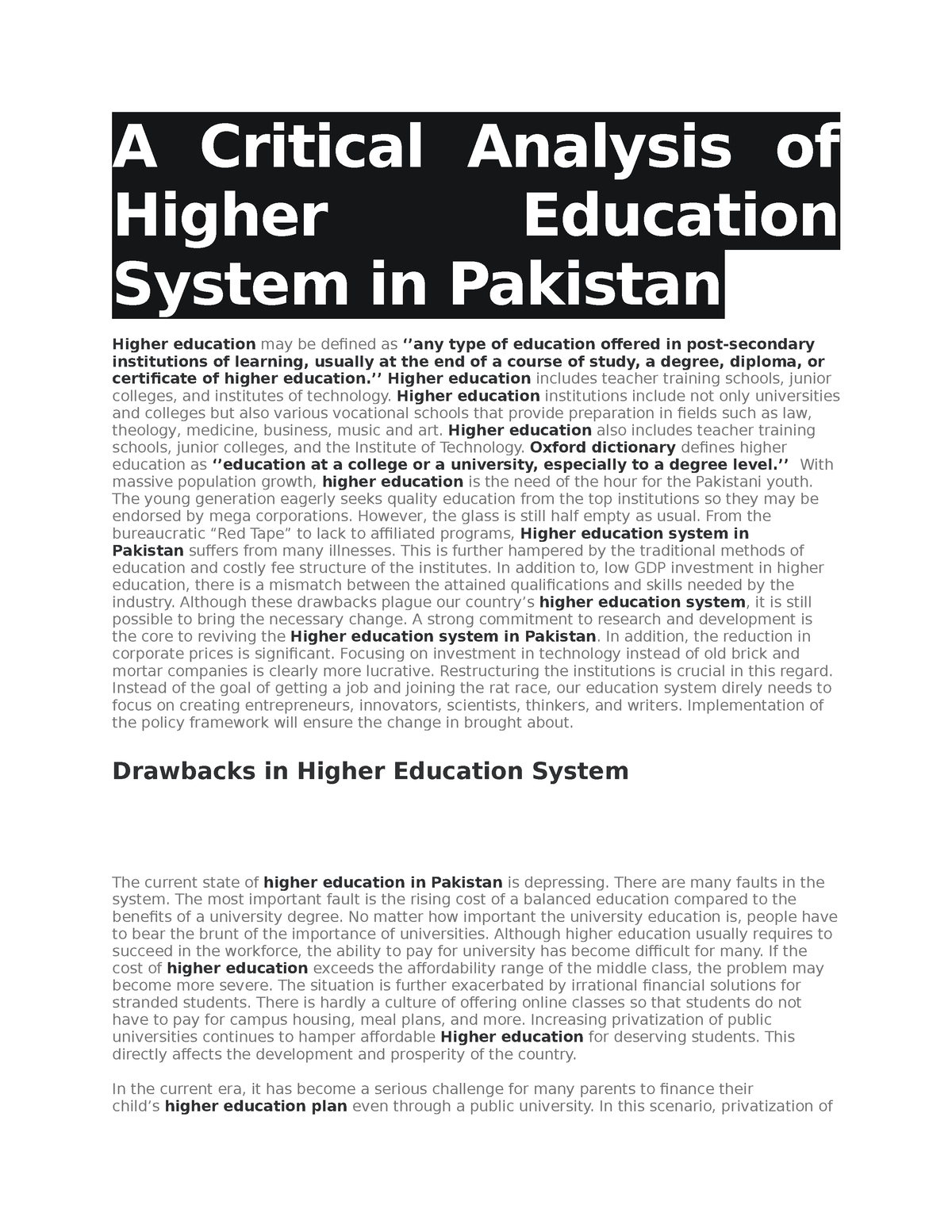 analysis of education system in pakistan