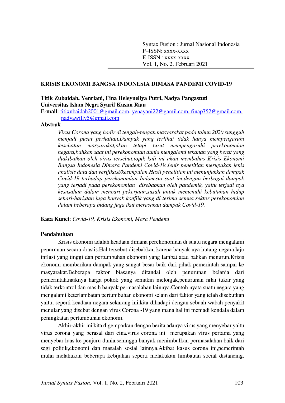 108. Krisis Ekonomi Bangsa Indonesia Dimasa Pandemi Covid-19 - Syntax ...