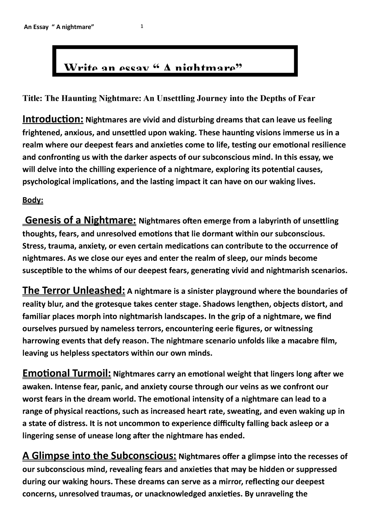 essay on nightmare for class 10