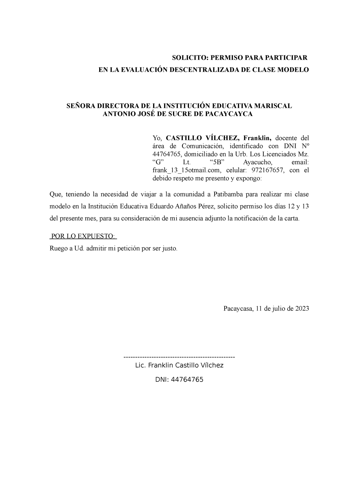 Solicitud Para Clase Modelo Solicito Permiso Para Participar En La Evaluaci N Descentralizada