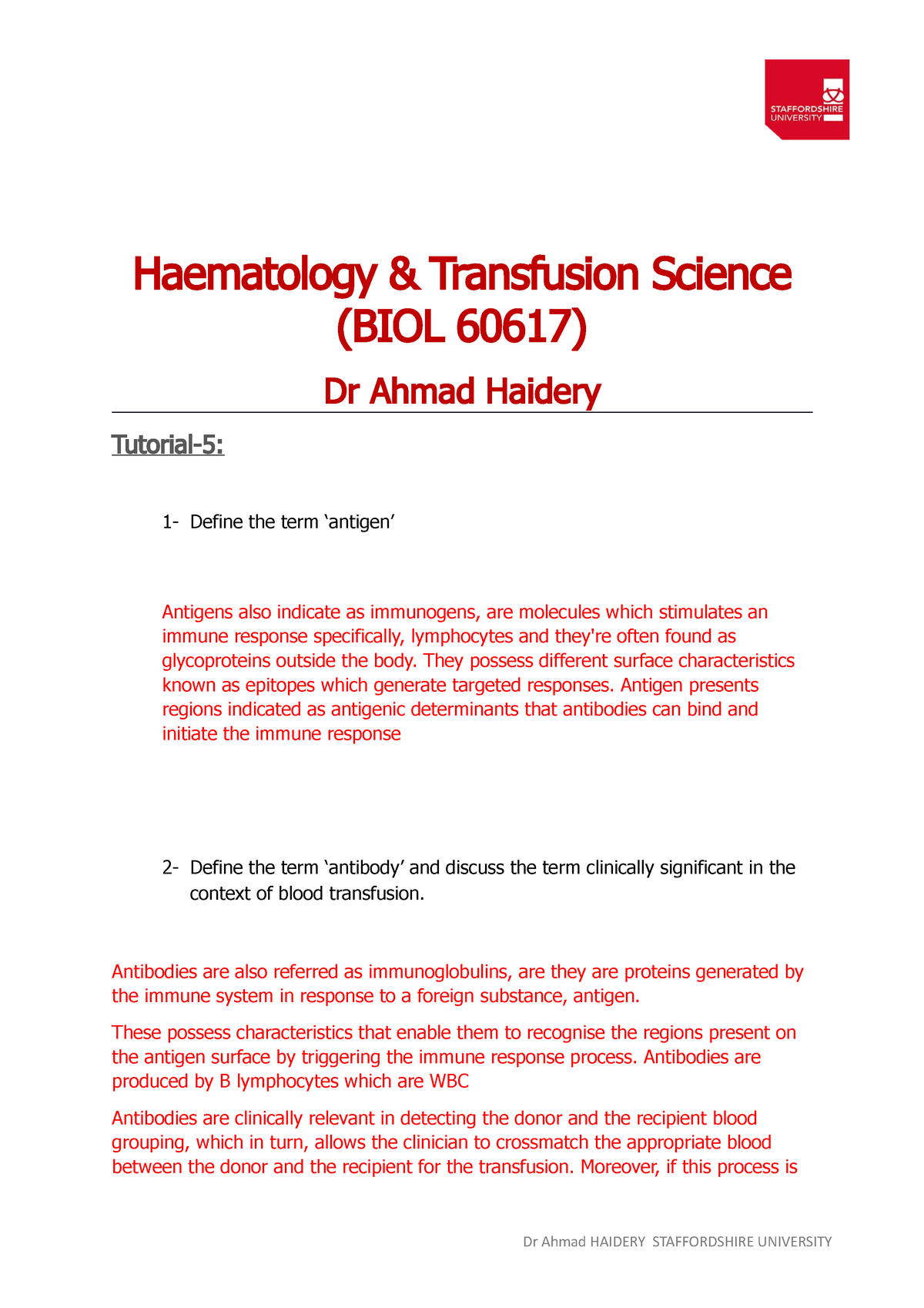 Tutorial 5 Haematology And Transfusion Science Biol 60617 Dr Ahmad Haidery Tutorial 5 1 3251