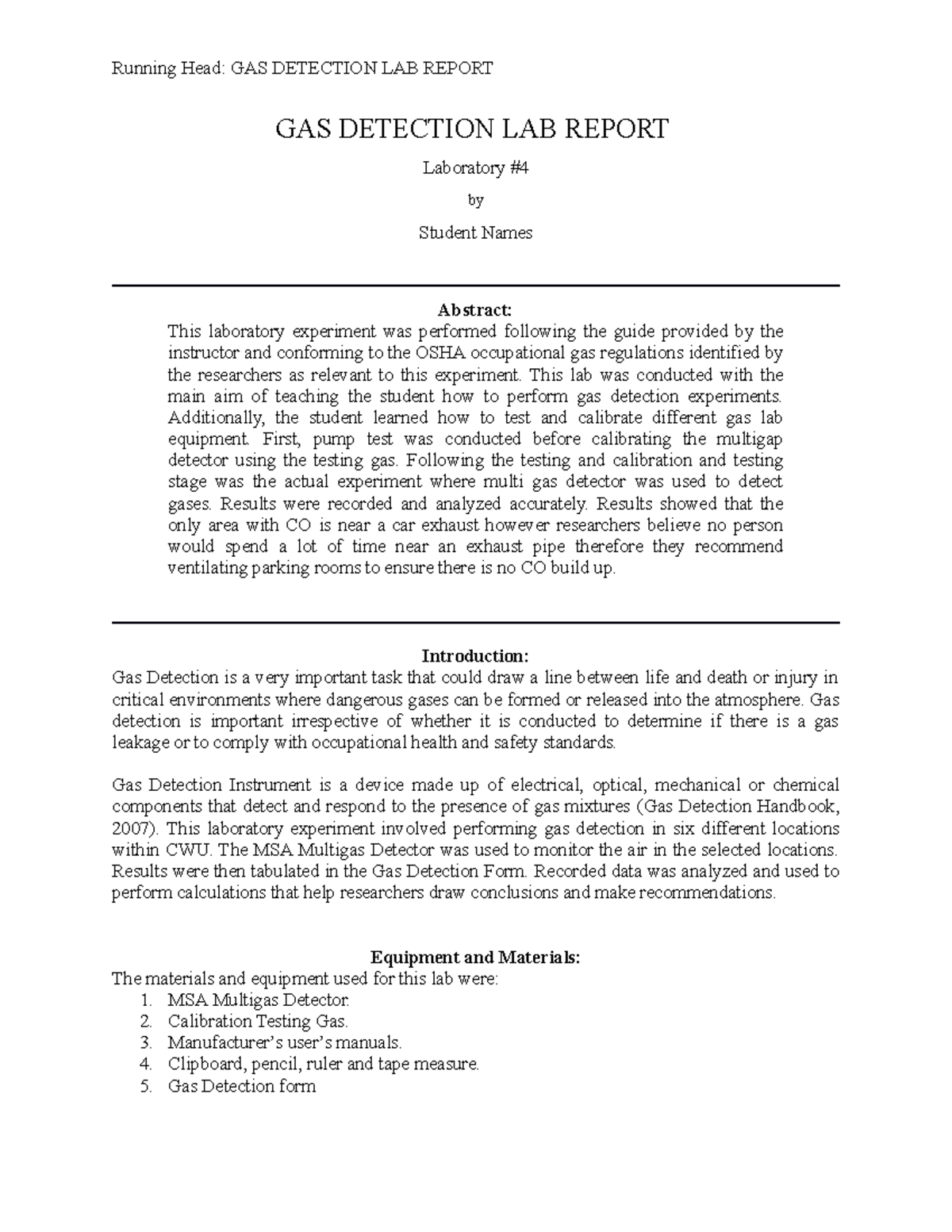 Lab 5 final submission Gas Detection Lab Report Running Head GAS