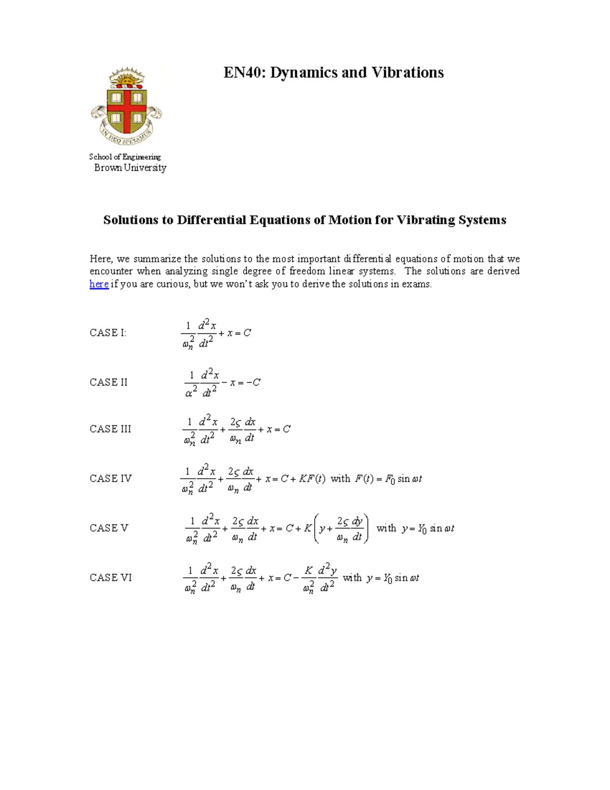 Dynamics and Vibrations formulae EN40 Dynamics and Vibrations School