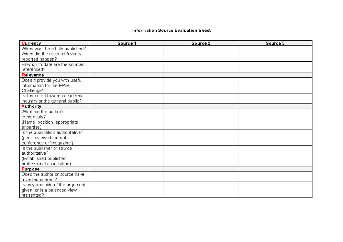 Article Evaluation Sheet - Information Source Evaluation Sheet Currency ...