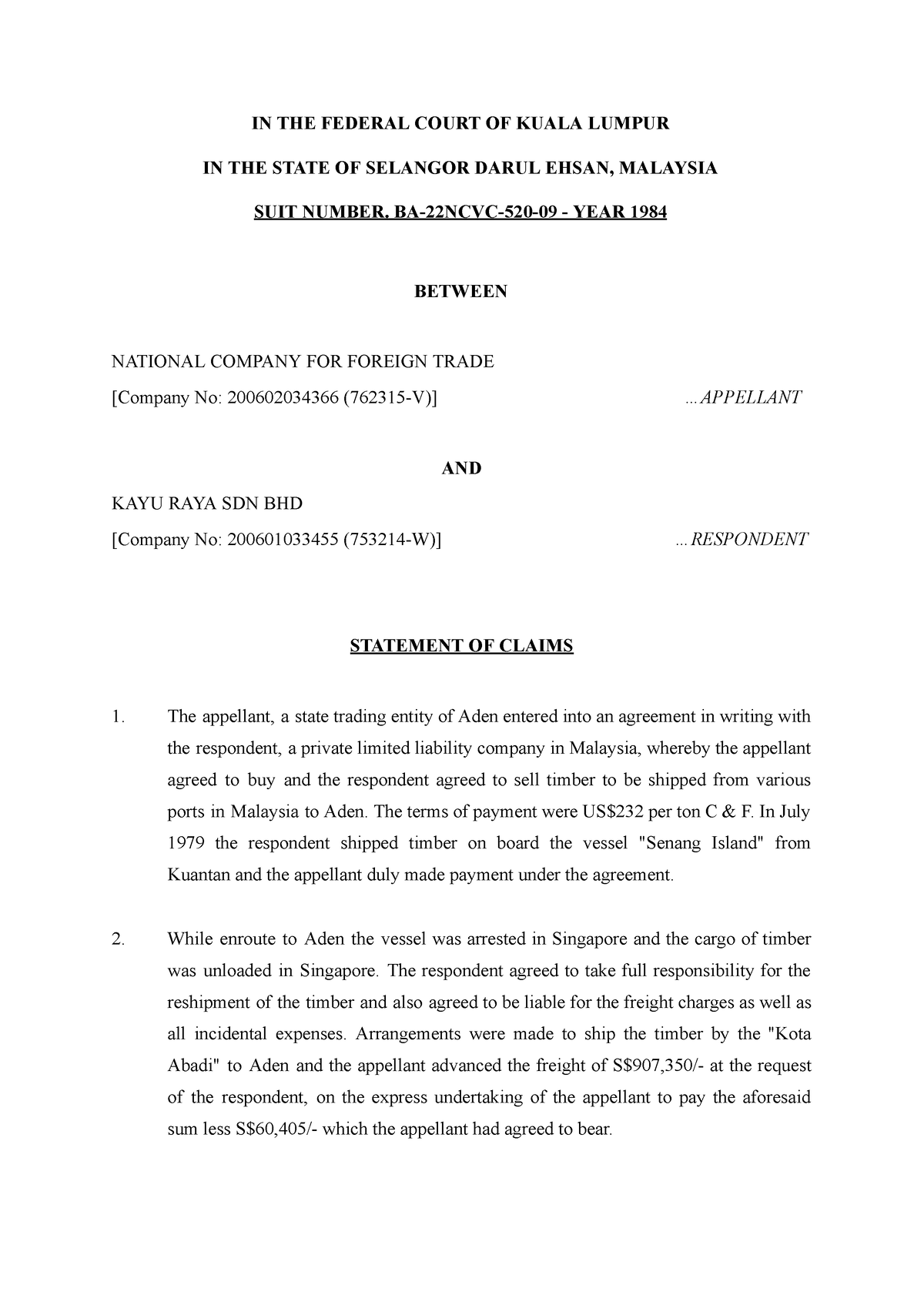 2-Statement of Claim - Example of SOC - IN THE FEDERAL COURT OF KUALA ...